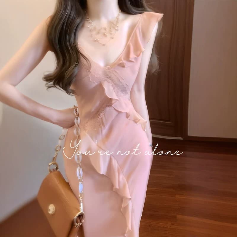 순수한 욕망 섹시함 프릴 레이스 조각 여성 드레스 여름 품격 핑크색 허리 수축 슬림해 보이는 인어 꼬리 길다 치마 상세 이미지 6