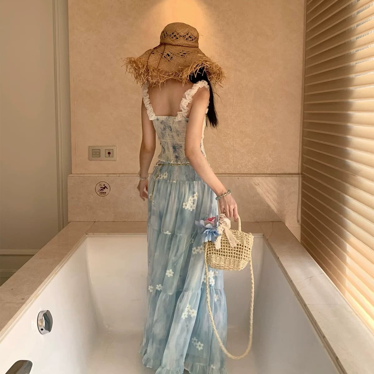 gege shop 꽃무늬 레이스 레이스 캐미솔 파란색 꽃 롱 코트 반신 스커트 휴가 착용 가져 가라. 이미지 5