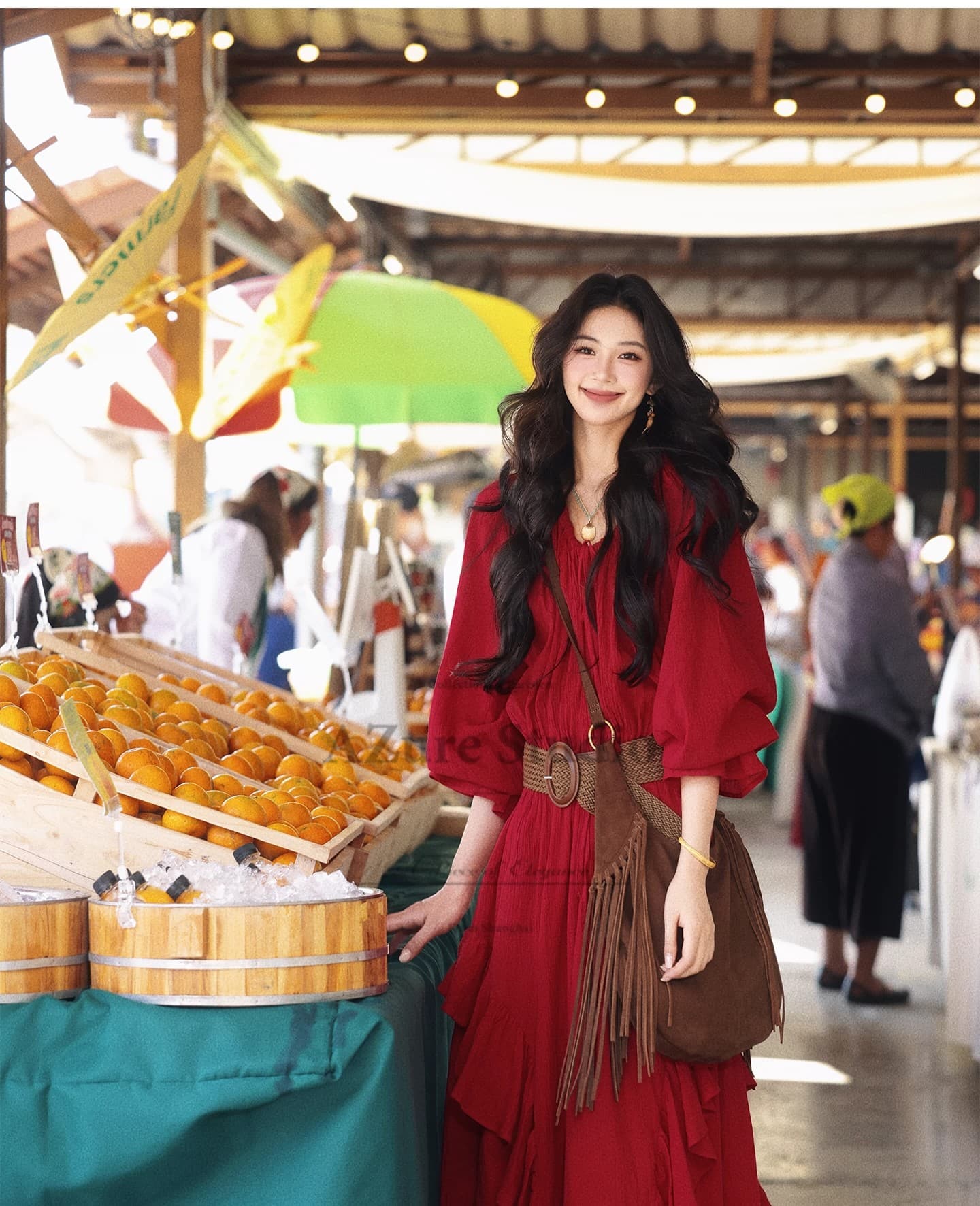azure 프랑스식 레트로 빨간색 V넥 펌프 로프 연꽃 잎 드레스 수 있습니다. 조정 오프숄더 롱 스커트 중 로우 웨이스트 긴팔 치마 봄 상세 이미지 30
