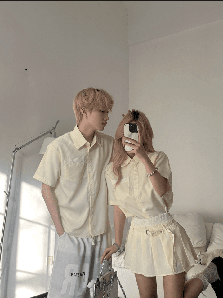7717# 실사 커플 학원 스타일 셔츠 달콤함 투피스 세트 한 부서 한 마디 플리츠 세트 드레스 상세 이미지 7