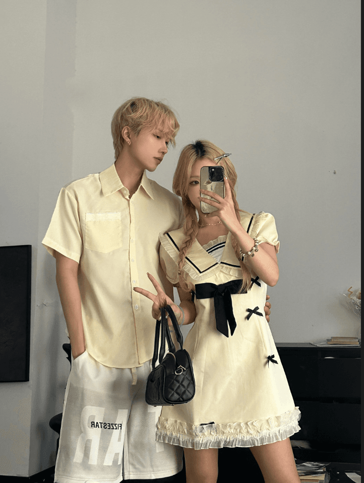 7718# 실사 커플 학원 스타일 거품 소매 여성 드레스 봄 여름 달콤함 천 골드 짧은 치마 상세 이미지 3