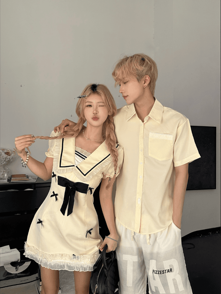 7718# 실사 커플 학원 스타일 거품 소매 여성 드레스 봄 여름 달콤함 천 골드 짧은 치마 상세 이미지 5