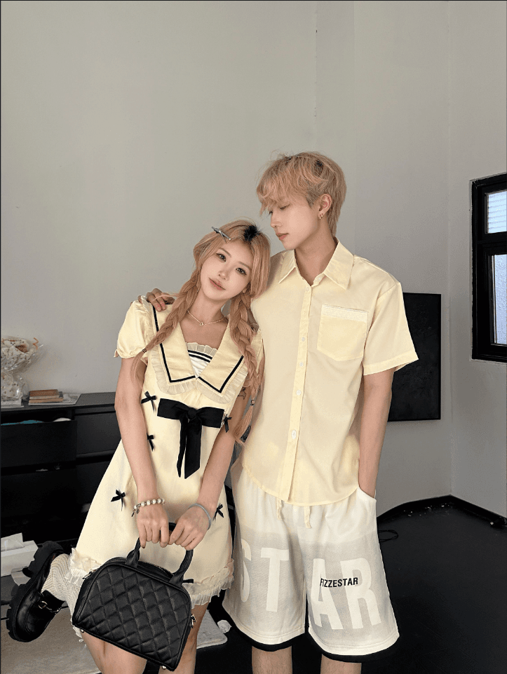 7718# 실사 커플 학원 스타일 거품 소매 여성 드레스 봄 여름 달콤함 천 골드 짧은 치마 상세 이미지 8