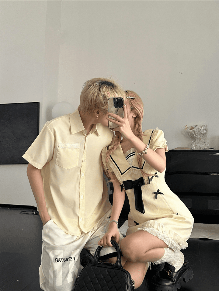 7718# 실사 커플 학원 스타일 거품 소매 여성 드레스 봄 여름 달콤함 천 골드 짧은 치마 상세 이미지 9