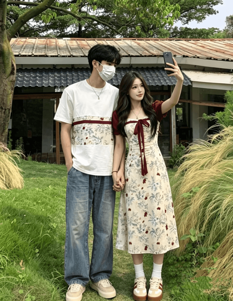 커플 여름 표지 배 슬림해 보이는 새로운 중식 꽃무늬 드레스 이미지 2
