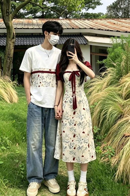커플 여름 표지 배 슬림해 보이는 새로운 중식 꽃무늬 드레스 이미지 5