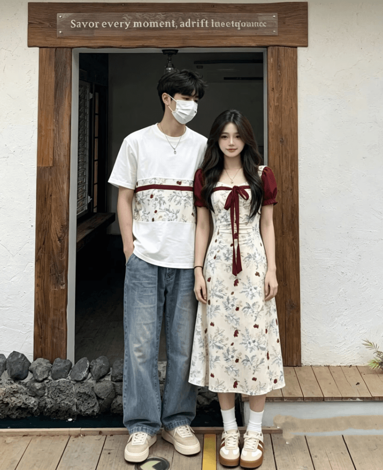 커플 여름 표지 배 슬림해 보이는 새로운 중식 꽃무늬 드레스 상세 이미지 4