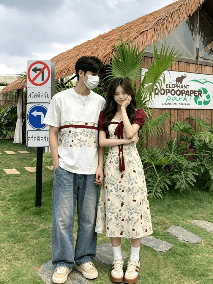 커플 여름 표지 배 슬림해 보이는 새로운 중식 꽃무늬 드레스 상세 이미지 5