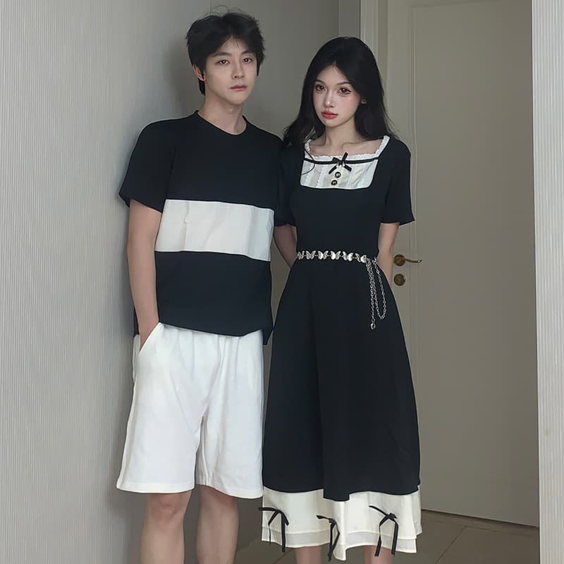 7719# 실사 커플 프랑스식 품격 허리 수축 슬림해 보이는 그는 벤 검정색 공주 드레스 드레스 이미지 2