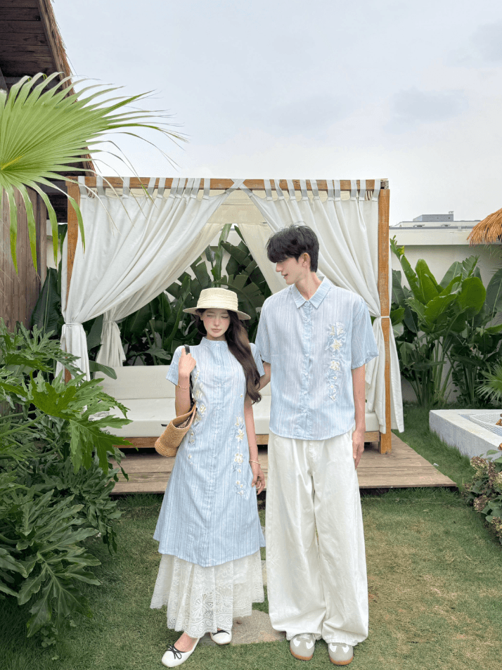 7721# 실사 커플 블루 릴리 자수 스트라이프 셔츠 요정 국풍 새로운 중식 소녀 두 조각 치마 상세 이미지 4