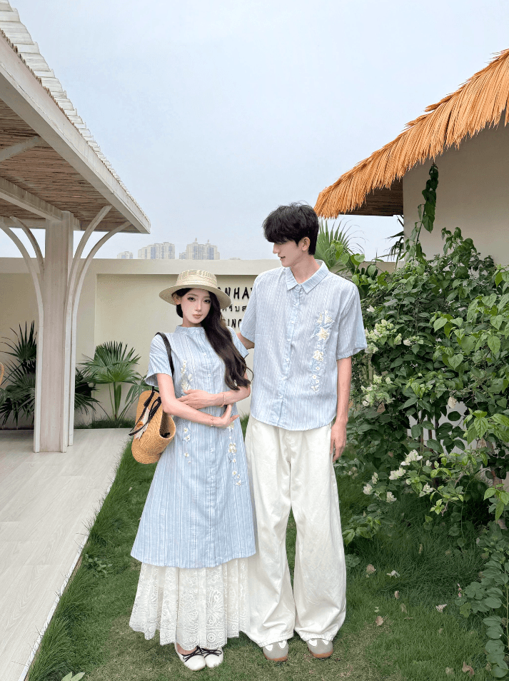 7721# 실사 커플 블루 릴리 자수 스트라이프 셔츠 요정 국풍 새로운 중식 소녀 두 조각 치마 상세 이미지 6