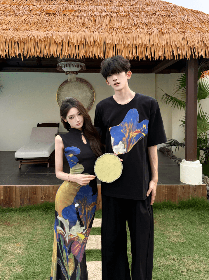 7723# 실사 커플 새로운 중식 국풍 개선 치파오 꽃무늬 배색 다용도 치파오 여성 드레스 상세 이미지 4