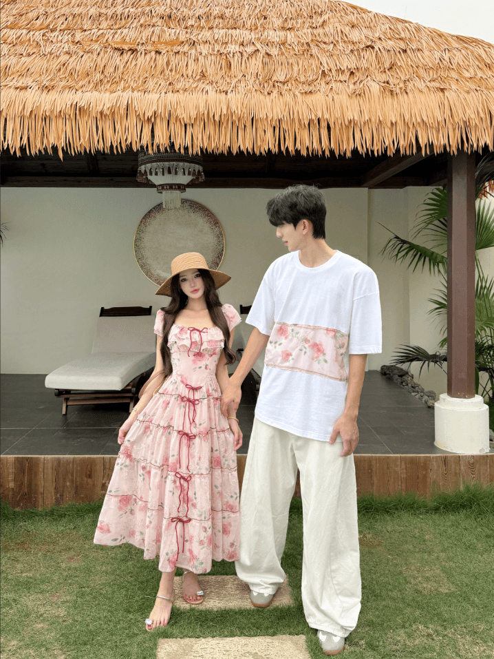 7725# 실사 커플 여름 레트로 프릴 나비 매듭 롱 스커트 허리 수축 꽃무늬 드레스 상세 이미지 6