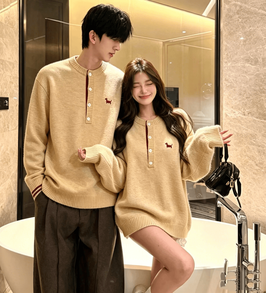 실사 커플 스웨터 루즈핏 레트로 트렌드 느긋한 커플 풀오버 긴팔 니트 스웨터 이미지 2