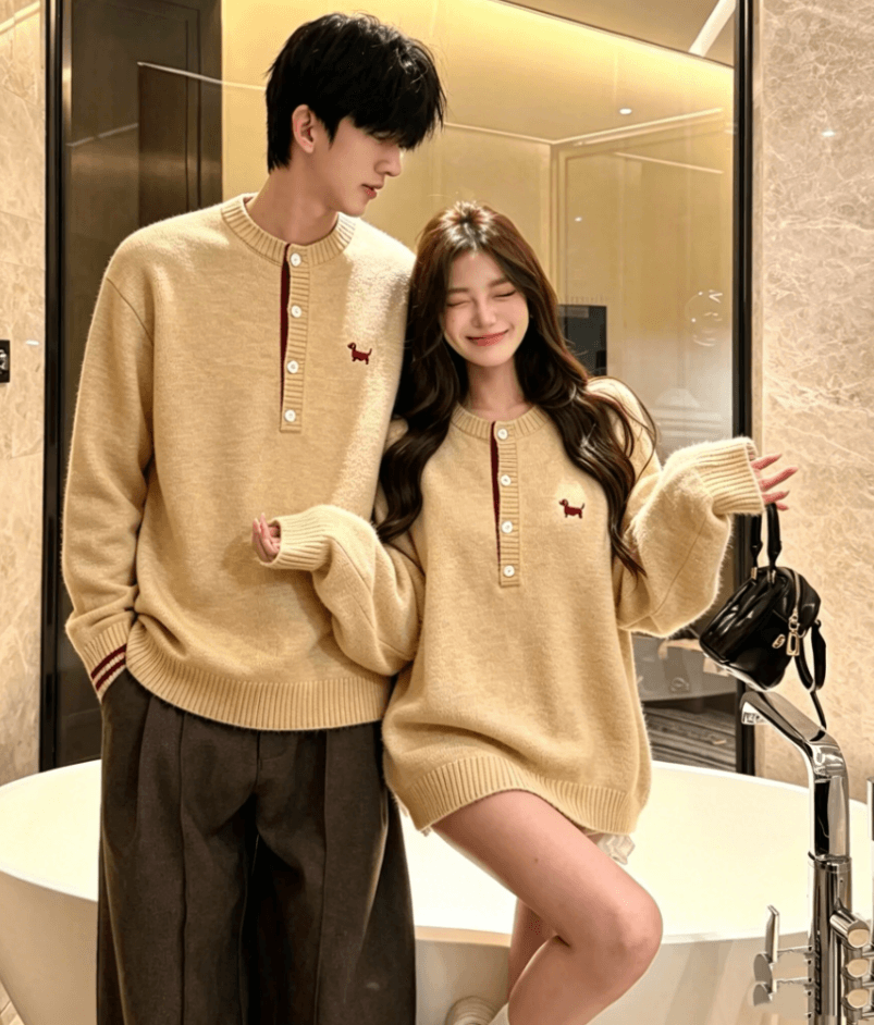 실사 커플 스웨터 루즈핏 레트로 트렌드 느긋한 커플 풀오버 긴팔 니트 스웨터 상세 이미지 6