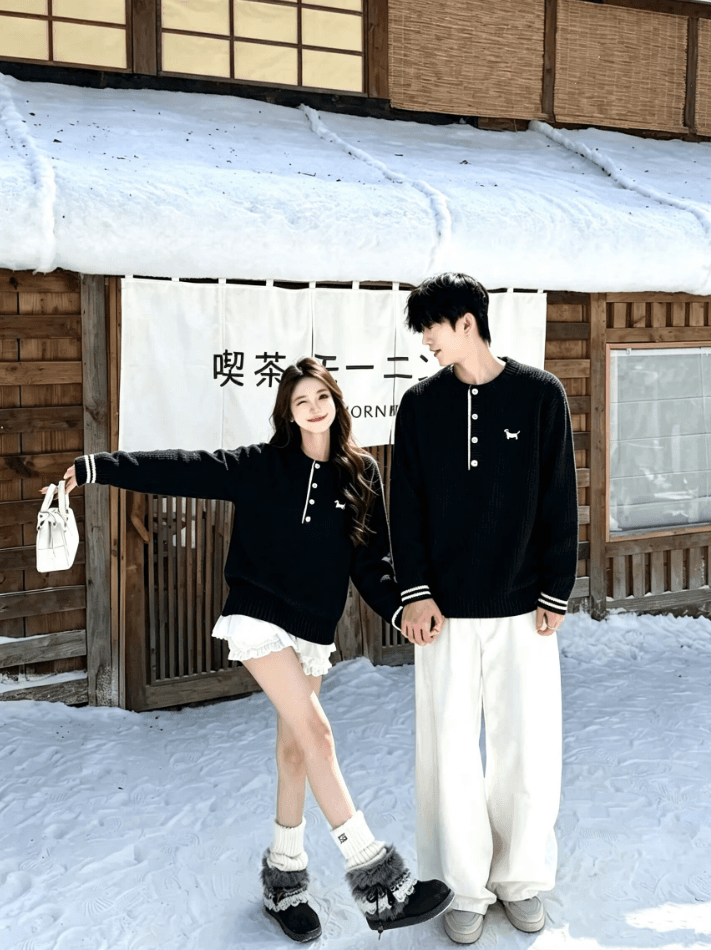 실사 커플 스웨터 루즈핏 레트로 트렌드 느긋한 커플 풀오버 긴팔 니트 스웨터 상세 이미지 5