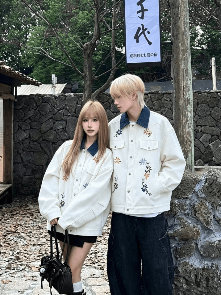 실사 커플 슈퍼 잘 생긴 꽃 자수 재킷 레트로 코듀로이 워크웨어 재킷 트렌디 이미지 2