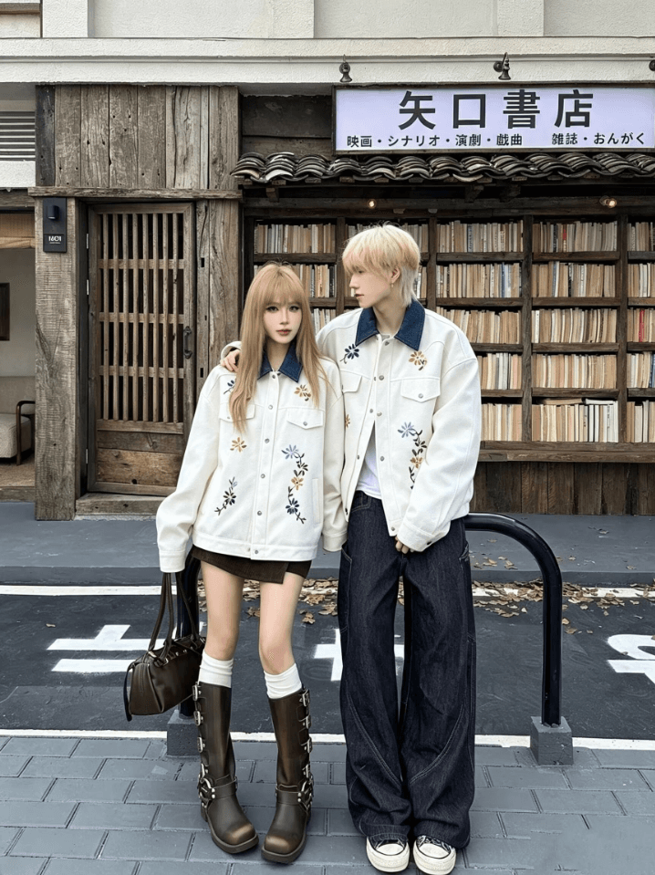실사 커플 슈퍼 잘 생긴 꽃 자수 재킷 레트로 코듀로이 워크웨어 재킷 트렌디 이미지 3