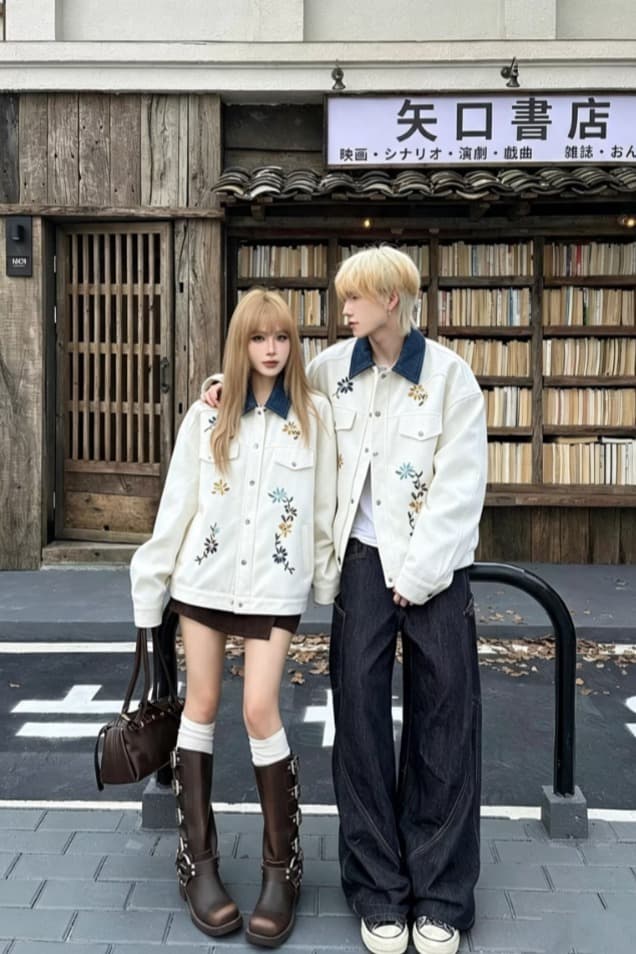 실사 커플 슈퍼 잘 생긴 꽃 자수 재킷 레트로 코듀로이 워크웨어 재킷 트렌디 이미지 5