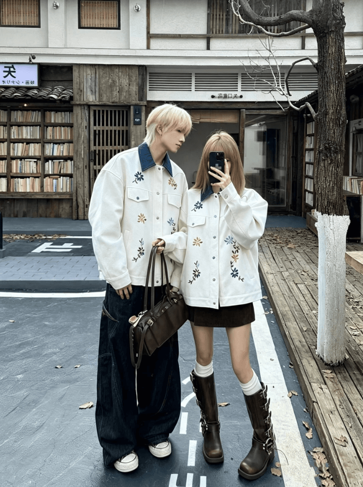 실사 커플 슈퍼 잘 생긴 꽃 자수 재킷 레트로 코듀로이 워크웨어 재킷 트렌디 상세 이미지 5