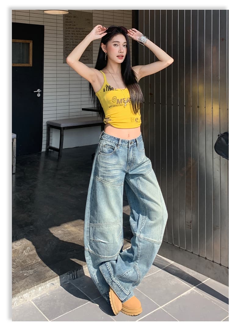 아메리칸 레트로 해체 모통이 칼 디자인 루즈핏 넓은 다리 청바지 여성 상세 이미지 19