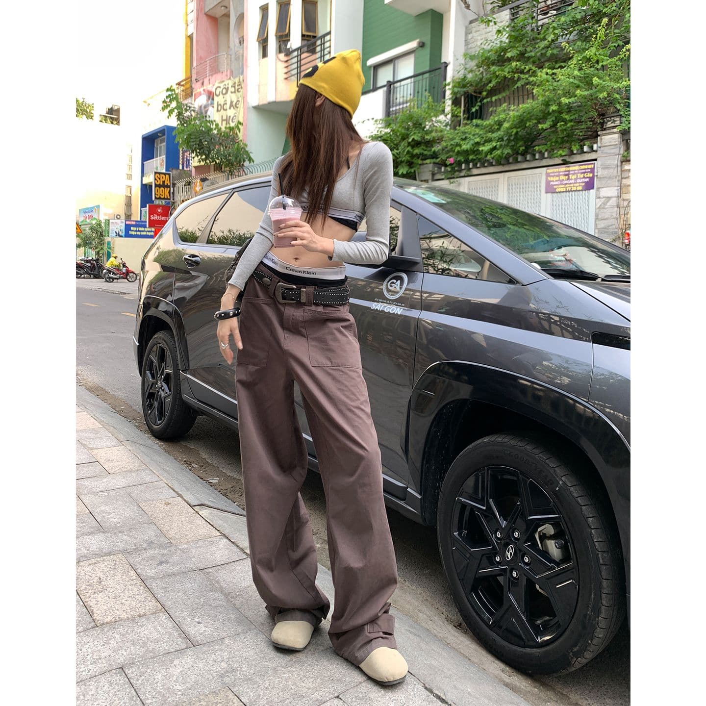 한 여성 일상 차가운 바람의 소리 워크웨어 팬츠 달콤한 차가운 대비 단순한 고급 바지 더블 버클 조절 가능 이미지 2