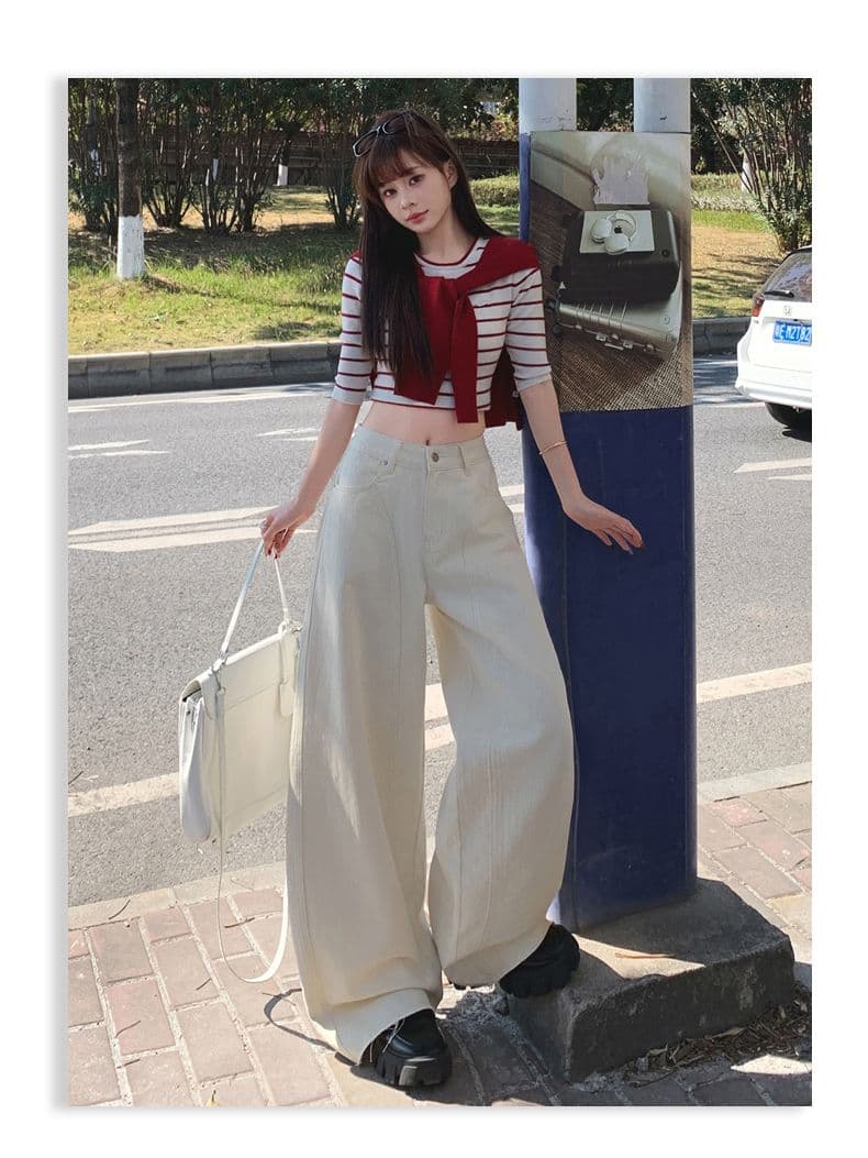 2026 아메리칸 하이웨이스트 루즈핏 모통이 칼 와이드 레그 팬츠 다용도 낫 바지 거친 가장자리 봄 청바지 여성 긴 바지 상세 이미지 13