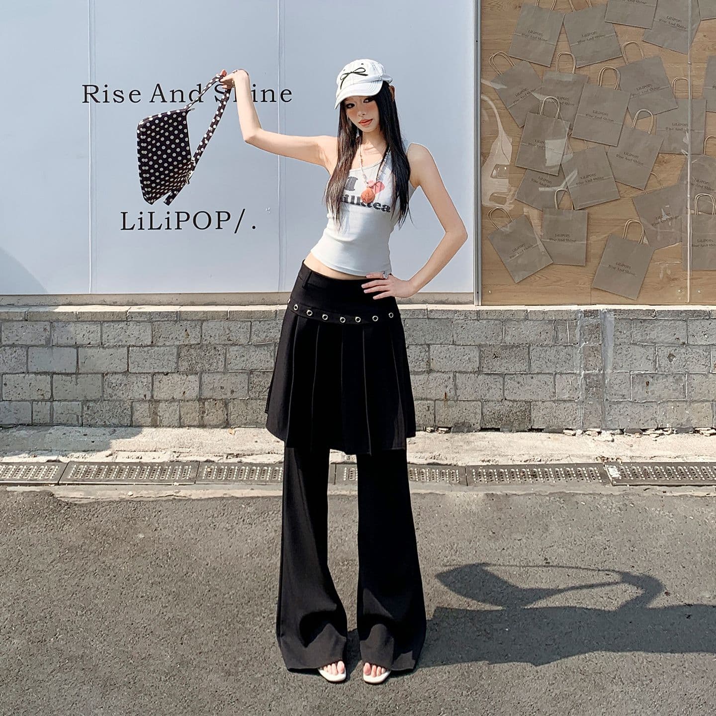 26th ootd 아메리칸 레트로 플리츠 치마바지 페이크 레이어드 디자인 센스 개성 정장 랩스커트팬츠 롱 바지 이미지 4