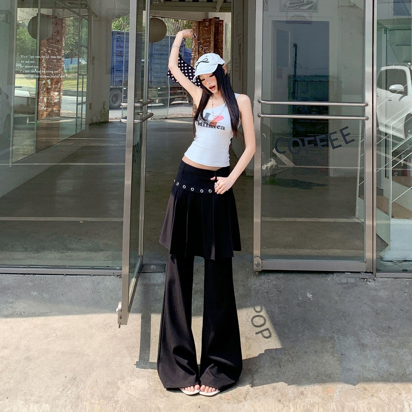 26th ootd 아메리칸 레트로 플리츠 치마바지 페이크 레이어드 디자인 센스 개성 정장 랩스커트팬츠 롱 바지 이미지 5
