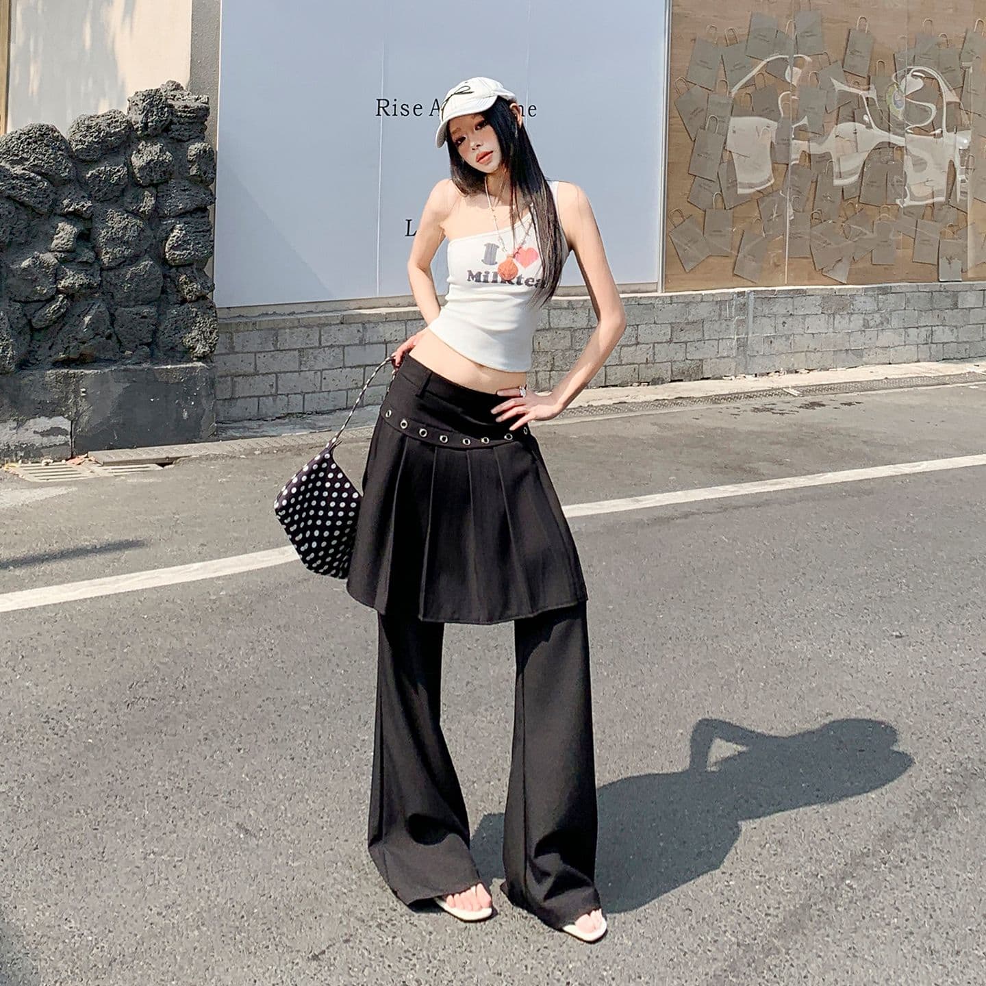 26th ootd 아메리칸 레트로 플리츠 치마바지 페이크 레이어드 디자인 센스 개성 정장 랩스커트팬츠 롱 바지