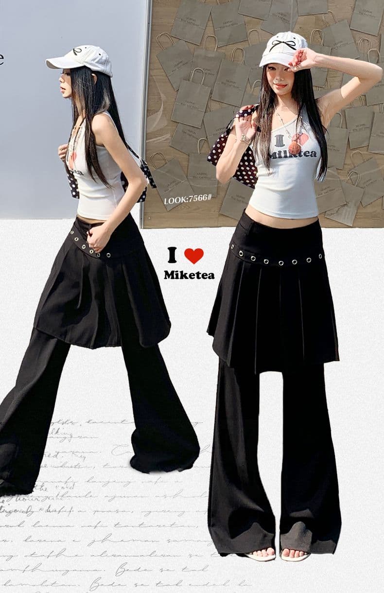 26th ootd 아메리칸 레트로 플리츠 치마바지 페이크 레이어드 디자인 센스 개성 정장 랩스커트팬츠 롱 바지 상세 이미지 1