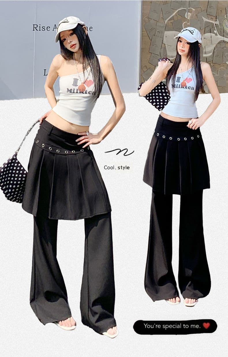 26th ootd 아메리칸 레트로 플리츠 치마바지 페이크 레이어드 디자인 센스 개성 정장 랩스커트팬츠 롱 바지 상세 이미지 2