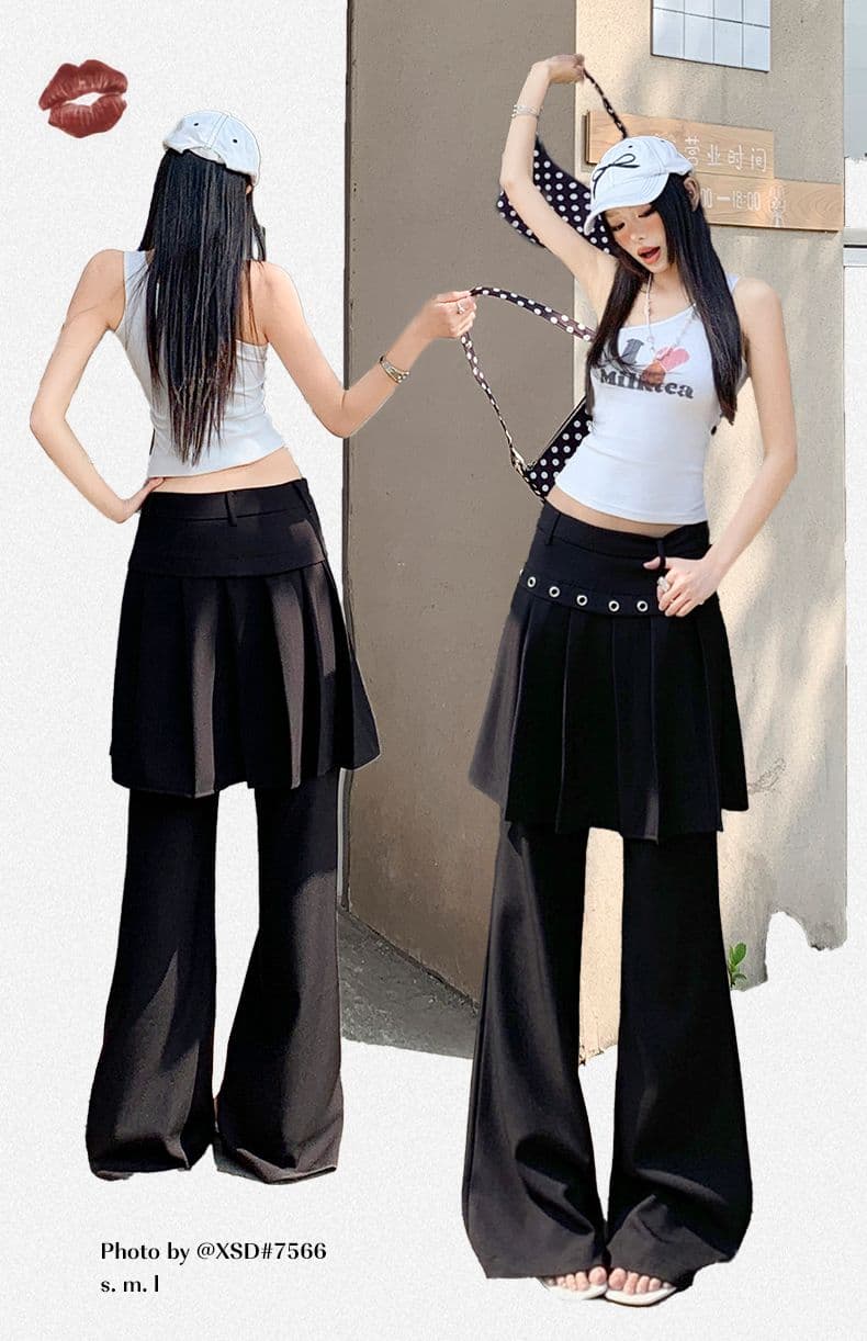 26th ootd 아메리칸 레트로 플리츠 치마바지 페이크 레이어드 디자인 센스 개성 정장 랩스커트팬츠 롱 바지 상세 이미지 3