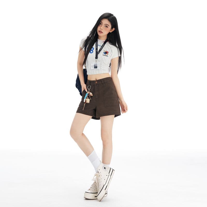 새로운 브라운 커피 색상 아메리칸 레트로 하이웨이스트 넓은 다리 워크웨어 반바지 여성 슬림해 보이는 달콤한 차가운 핫걸 핫 바지