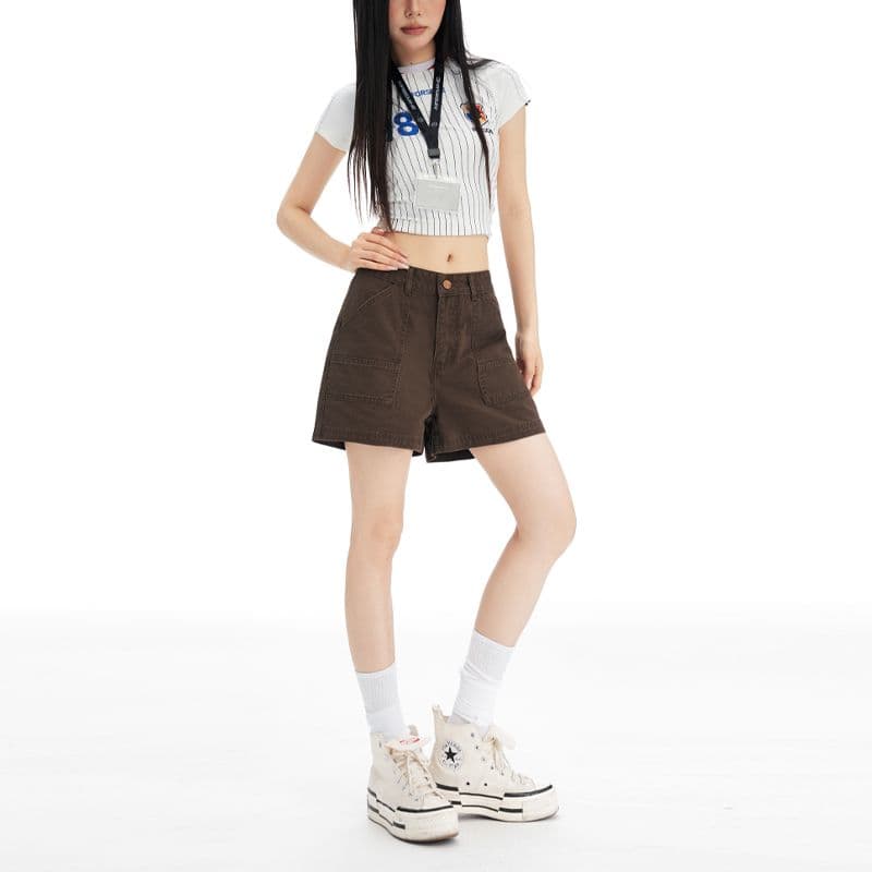 새로운 브라운 커피 색상 아메리칸 레트로 하이웨이스트 넓은 다리 워크웨어 반바지 여성 슬림해 보이는 달콤한 차가운 핫걸 핫 바지 이미지 4