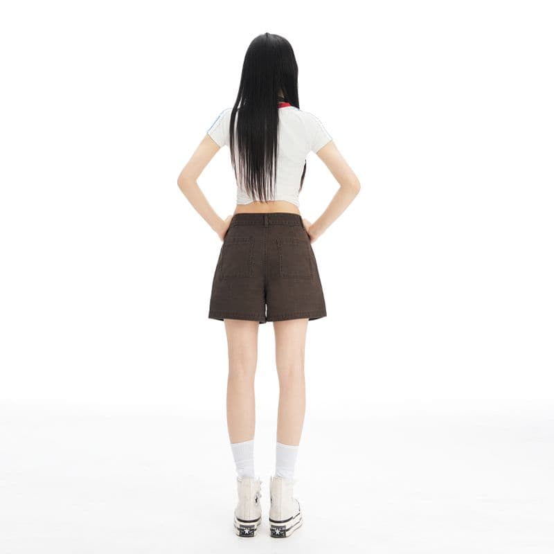 새로운 브라운 커피 색상 아메리칸 레트로 하이웨이스트 넓은 다리 워크웨어 반바지 여성 슬림해 보이는 달콤한 차가운 핫걸 핫 바지 이미지 2