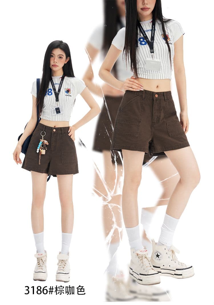 새로운 브라운 커피 색상 아메리칸 레트로 하이웨이스트 넓은 다리 워크웨어 반바지 여성 슬림해 보이는 달콤한 차가운 핫걸 핫 바지 상세 이미지 1