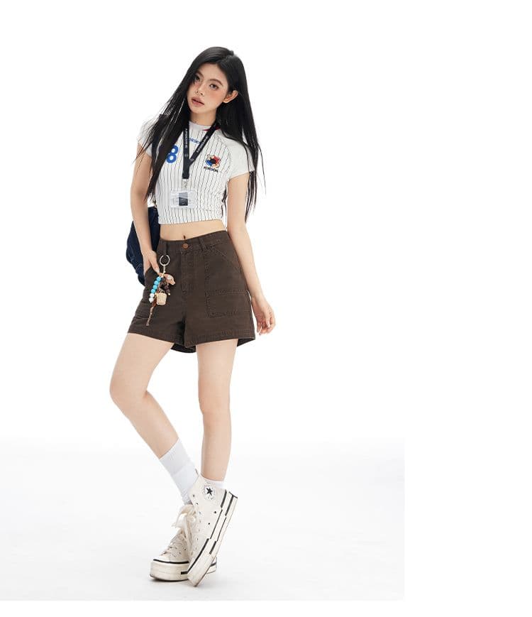 새로운 브라운 커피 색상 아메리칸 레트로 하이웨이스트 넓은 다리 워크웨어 반바지 여성 슬림해 보이는 달콤한 차가운 핫걸 핫 바지 상세 이미지 6