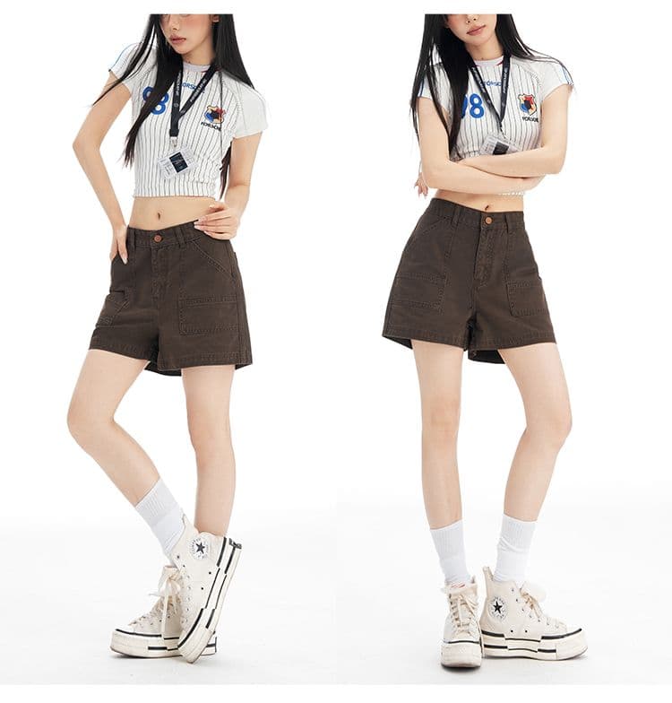 새로운 브라운 커피 색상 아메리칸 레트로 하이웨이스트 넓은 다리 워크웨어 반바지 여성 슬림해 보이는 달콤한 차가운 핫걸 핫 바지 상세 이미지 8