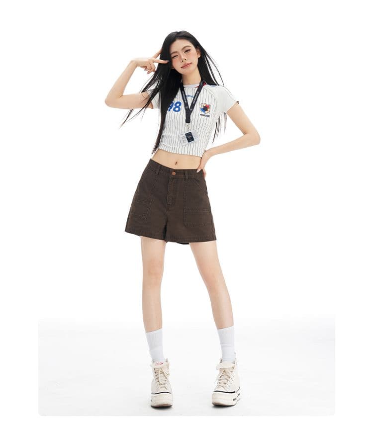 새로운 브라운 커피 색상 아메리칸 레트로 하이웨이스트 넓은 다리 워크웨어 반바지 여성 슬림해 보이는 달콤한 차가운 핫걸 핫 바지 상세 이미지 9