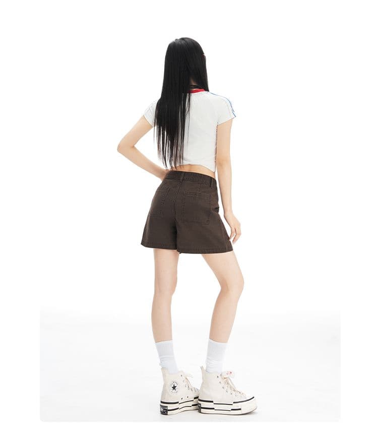 새로운 브라운 커피 색상 아메리칸 레트로 하이웨이스트 넓은 다리 워크웨어 반바지 여성 슬림해 보이는 달콤한 차가운 핫걸 핫 바지 상세 이미지 10