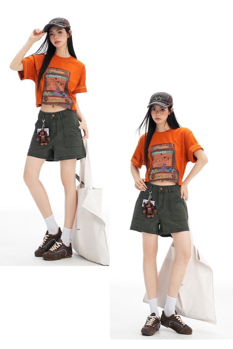 새로운 브라운 커피 색상 아메리칸 레트로 하이웨이스트 넓은 다리 워크웨어 반바지 여성 슬림해 보이는 달콤한 차가운 핫걸 핫 바지 상세 이미지 12