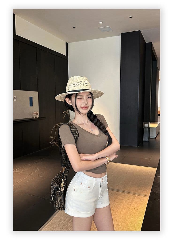 아메리칸 레트로 핫걸 몸매 가꾸기 슬림해 보이는 반바지 화이트 뒤집다 측면 순수한 욕망 펭 넓적 다리 청바지 여성 여름 새로운 상세 이미지 7