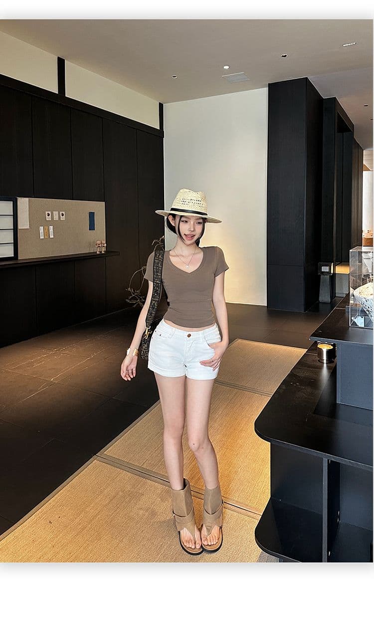 아메리칸 레트로 핫걸 몸매 가꾸기 슬림해 보이는 반바지 화이트 뒤집다 측면 순수한 욕망 펭 넓적 다리 청바지 여성 여름 새로운 상세 이미지 8
