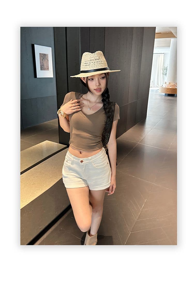 아메리칸 레트로 핫걸 몸매 가꾸기 슬림해 보이는 반바지 화이트 뒤집다 측면 순수한 욕망 펭 넓적 다리 청바지 여성 여름 새로운 상세 이미지 10