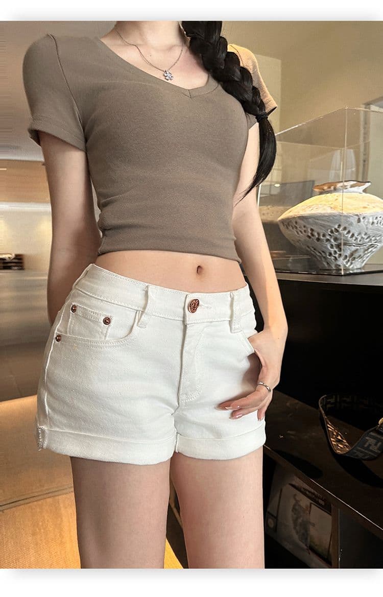 아메리칸 레트로 핫걸 몸매 가꾸기 슬림해 보이는 반바지 화이트 뒤집다 측면 순수한 욕망 펭 넓적 다리 청바지 여성 여름 새로운 상세 이미지 11