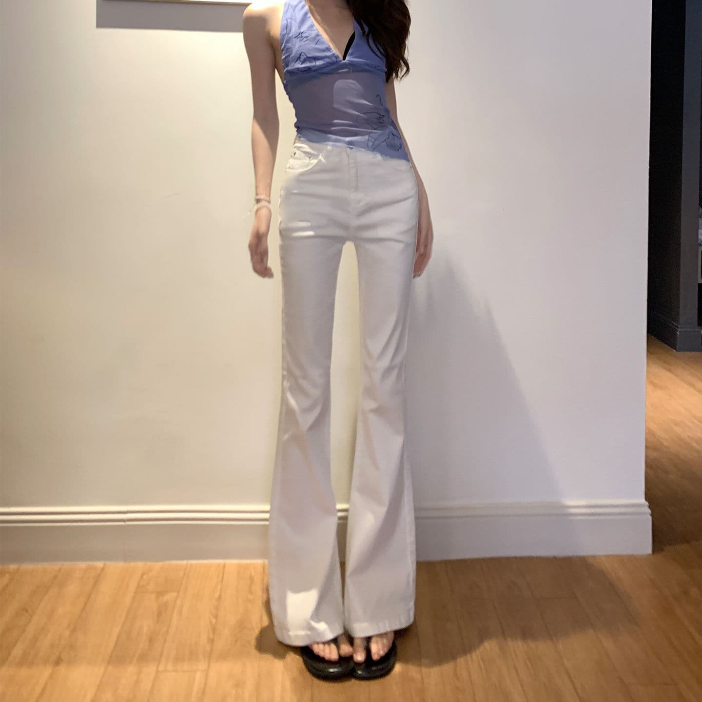 부드러운 질감 casual 품격 허리 엉덩이 ~보다 신축성 하이웨이스트 나팔 바지 길이 연장 일반 이미지 3