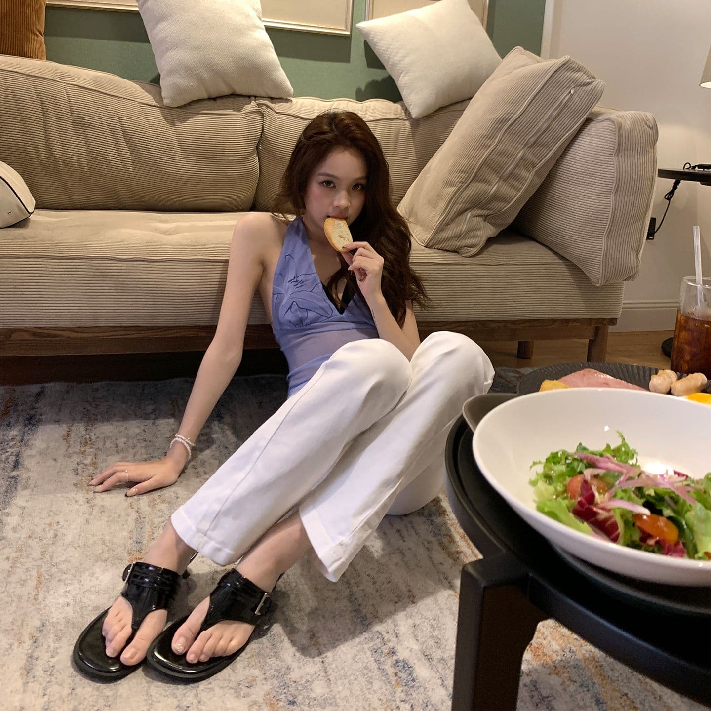 부드러운 질감 casual 품격 허리 엉덩이 ~보다 신축성 하이웨이스트 나팔 바지 길이 연장 일반