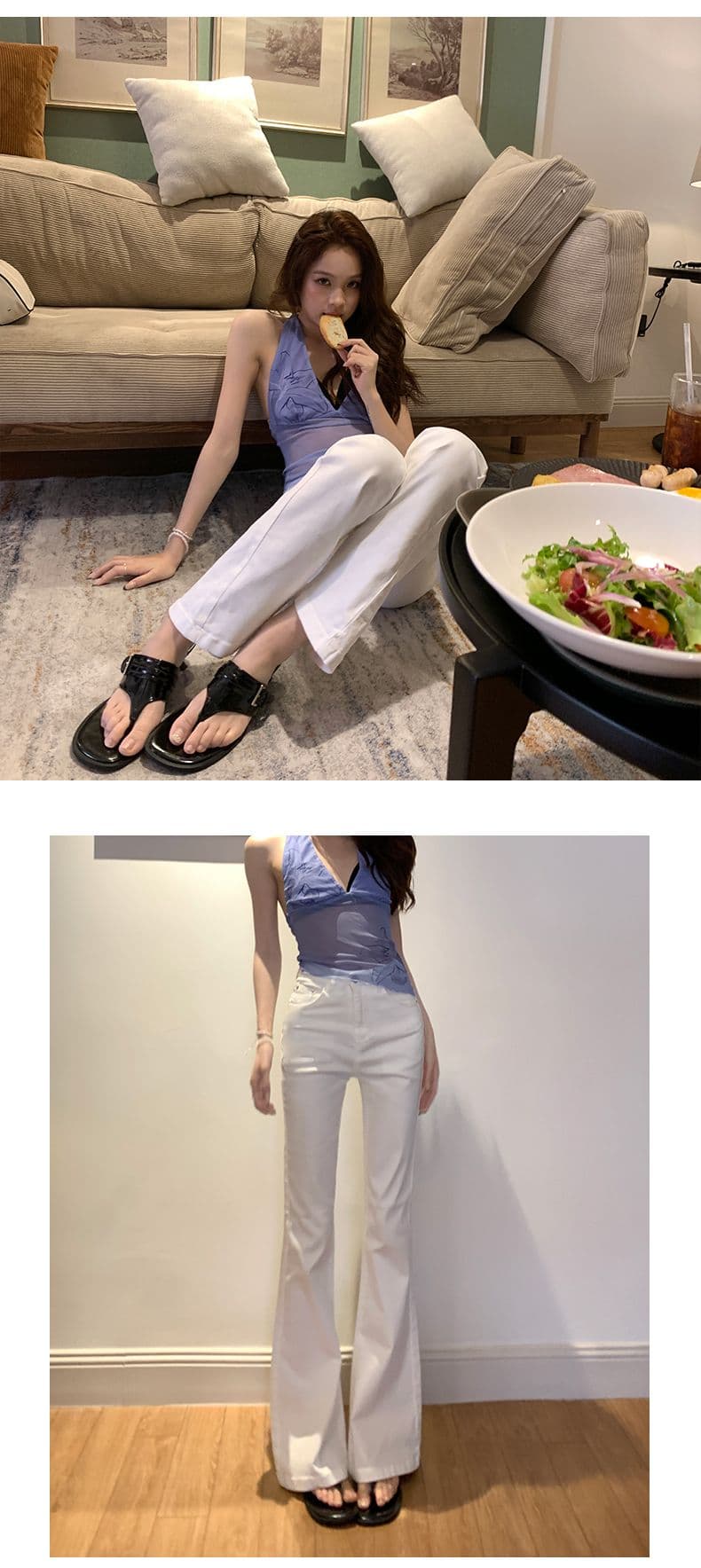 부드러운 질감 casual 품격 허리 엉덩이 ~보다 신축성 하이웨이스트 나팔 바지 길이 연장 일반 상세 이미지 5