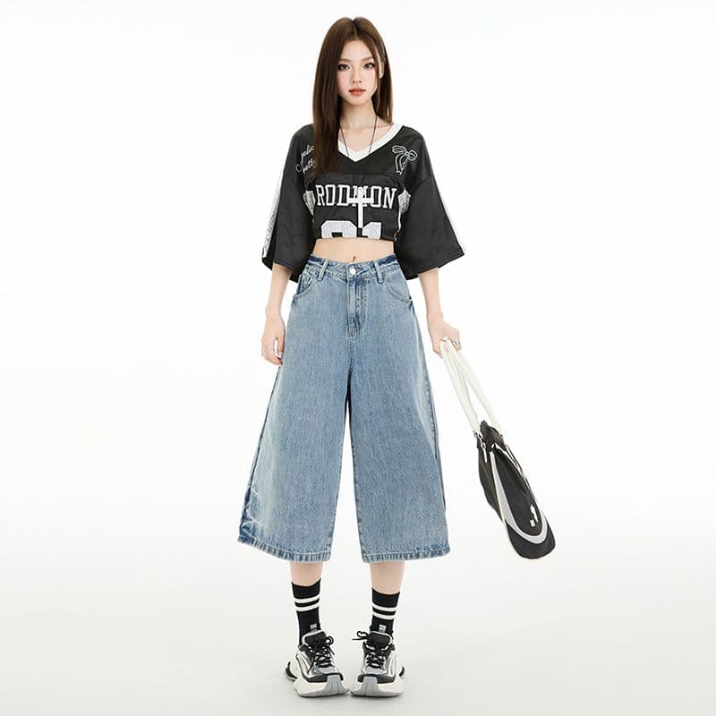 아메리칸 레트로 하이웨이스트 루즈핏 와이드 레그 팬츠 도루 센스 거친 가장자리 스트레이트 7부 바지 청바지 여성 봄 여름 새로운 이미지 4